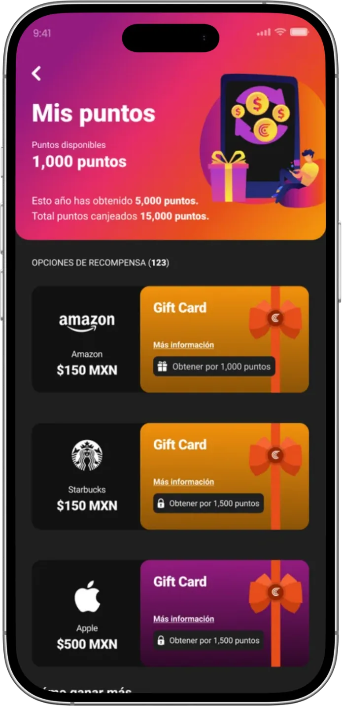 Pantalla de Puntos en la app Clinfu: saldo disponible y opciones de recompensa en Gift Cards